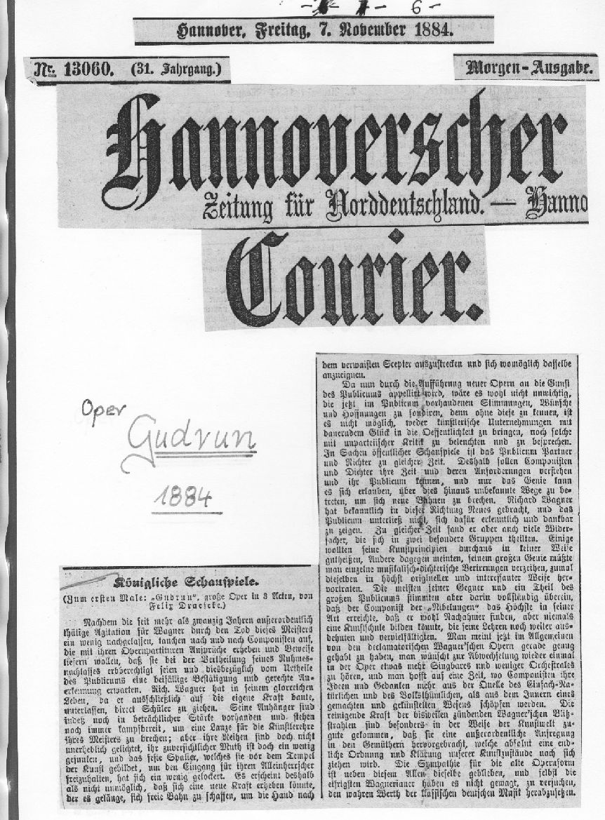 Review of Gudrun premiere, Hannoverscher Courier (7 Nov 1884)