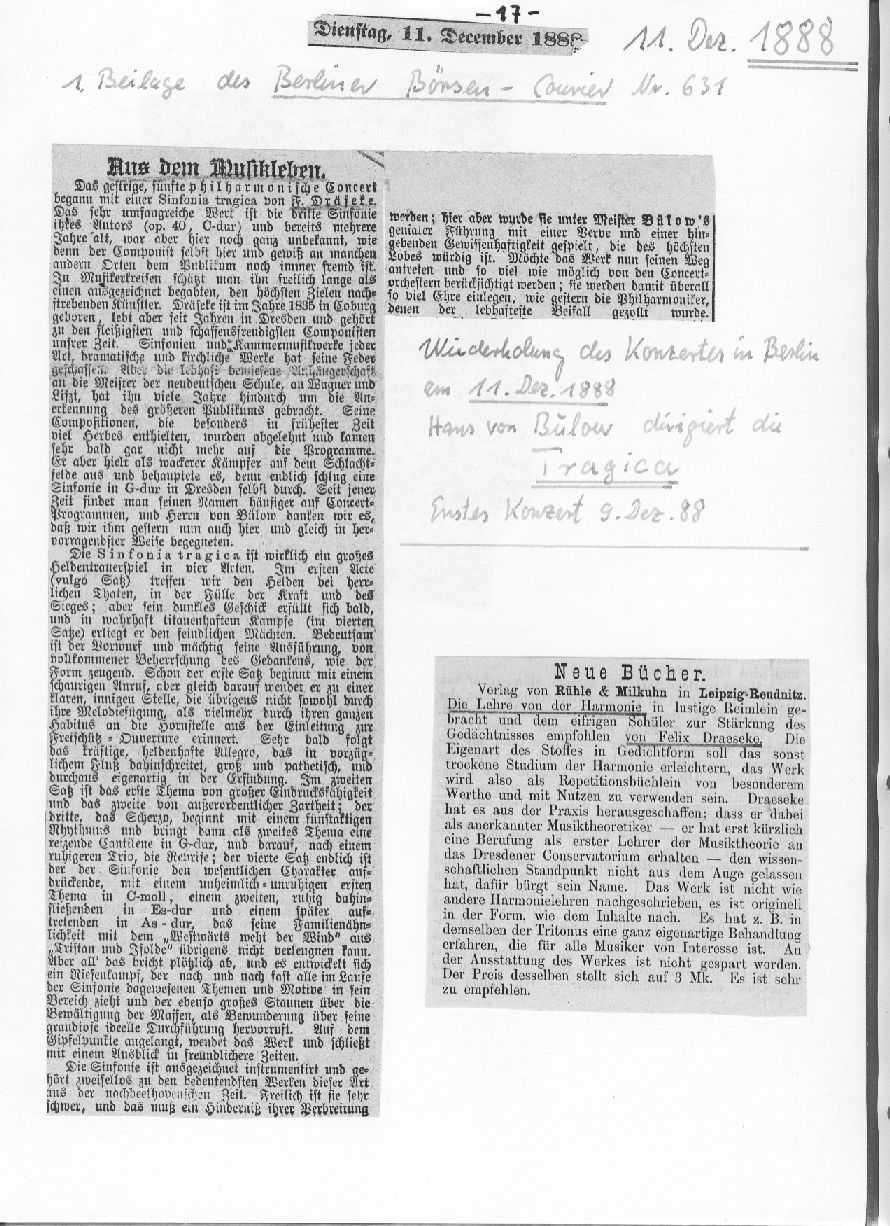 Sinfonie Nr 3 (Sinfonia tragica), Hans von Bülow - Berliner Börsen-Courier 11 Dez 1888