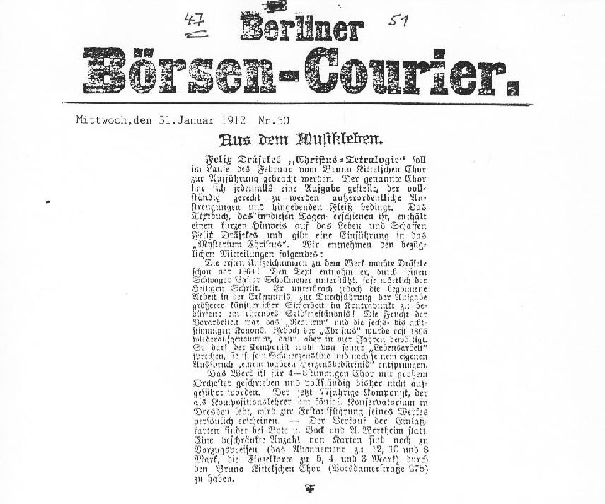 Berlin: Christus vorspiel u. 1. oratorium (31 Jan 1912)