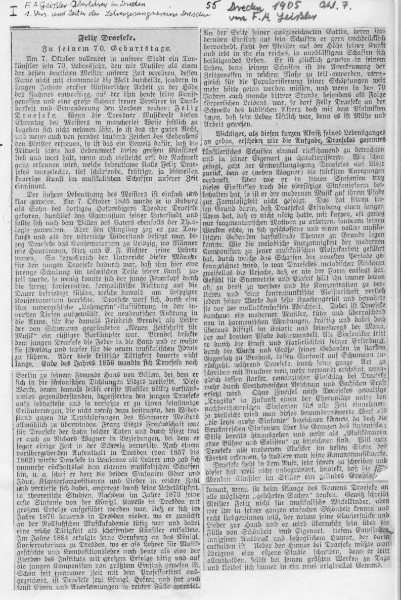 F.A.Geiler: Zum 70. Geburtstag Felix Draeseke (Dresden, 7 Okt 1905)