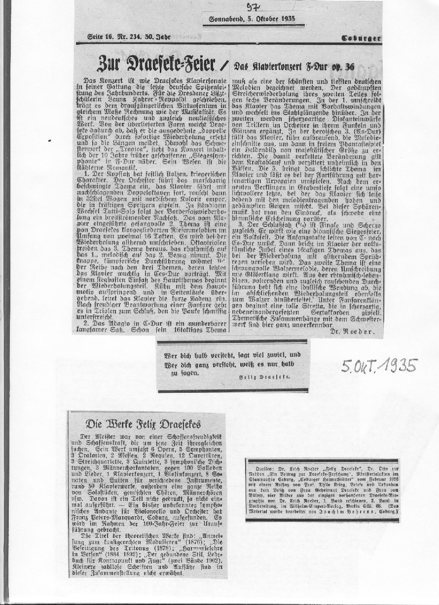 Zur Draeseke-Feier/das Klavierkonzert F-dur op. 36; Die Werke Felix Draesekes (Coburg, 5 Okt 1935) 
