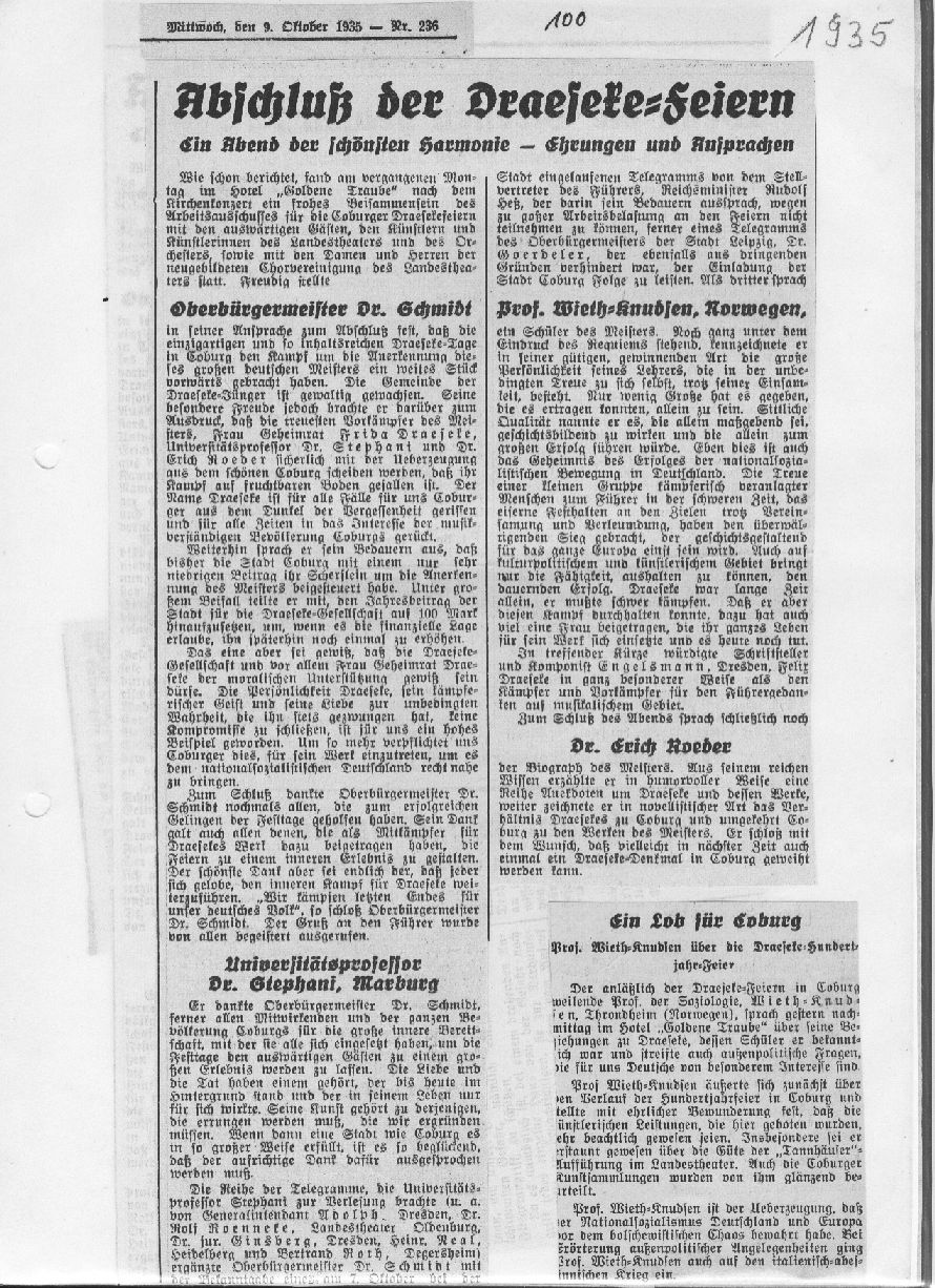 Anschlus den Draeseke-Feiern, Ein Abend der schönsten Harmonie: Oberbürgermeister Dr. Schmidt - Universitätsprofessor Dr. Stephani, Marburg - Prof. Wieth-Knudsen, Norwgen - Dr. Erich Roeder (Coburg, 9 Okt 1935)