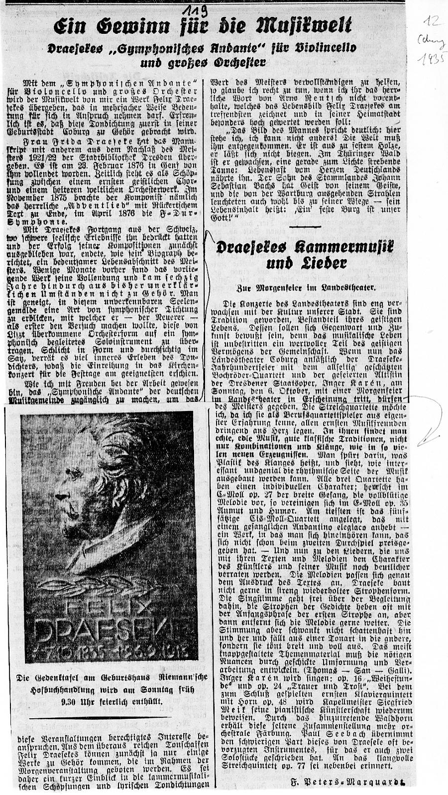 Article on the premiere of Felix Draeseke's Symphonic Andante in E minor for Cello and Orchestra, WoO 11, by Peters Marquardt