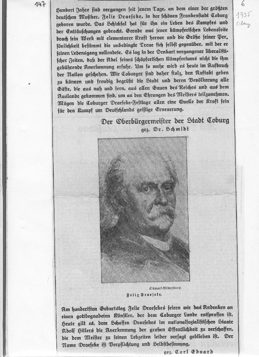 Geburtstag von Felix Draeseke (Oberbürgermeister Dr. Schmidt Coburg, 1935)