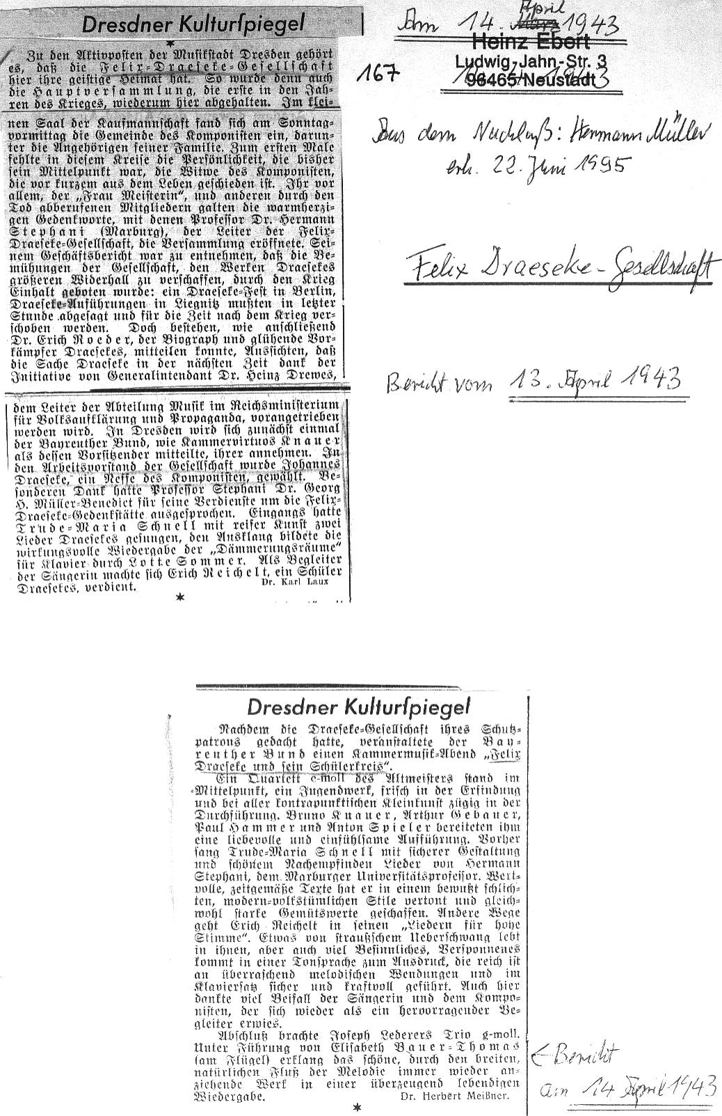 Dr Karl Laux und Dr Herbert Meissner: Dresdner Kulturspiegel (Hermann Stephani, Erich Roeder, Heinz Drewes - Draeseke-Gesellschaft (13 Apr 1943)