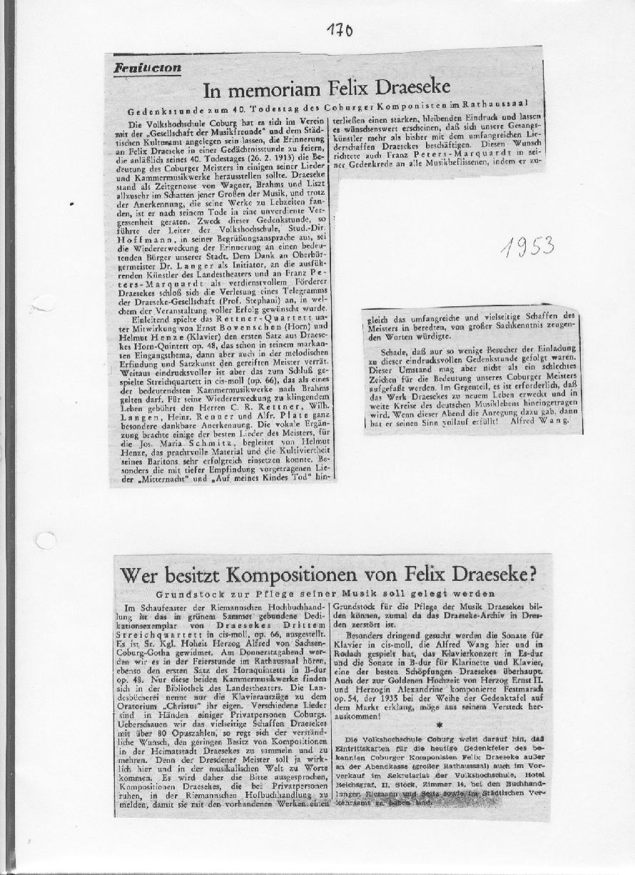 Wer besitzt Kompositionen von Felix Draeseke? (Schleder 1953)  In memoriam Felix Draeseke (Alfred Wang, 1953) 