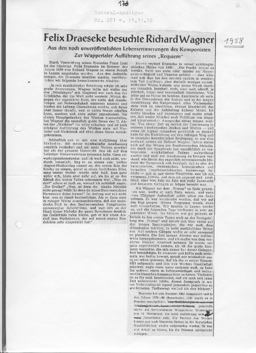 Felix Draeseke besuchte Richard Wagner (General-Anzeiger, 11 Nov 1958)