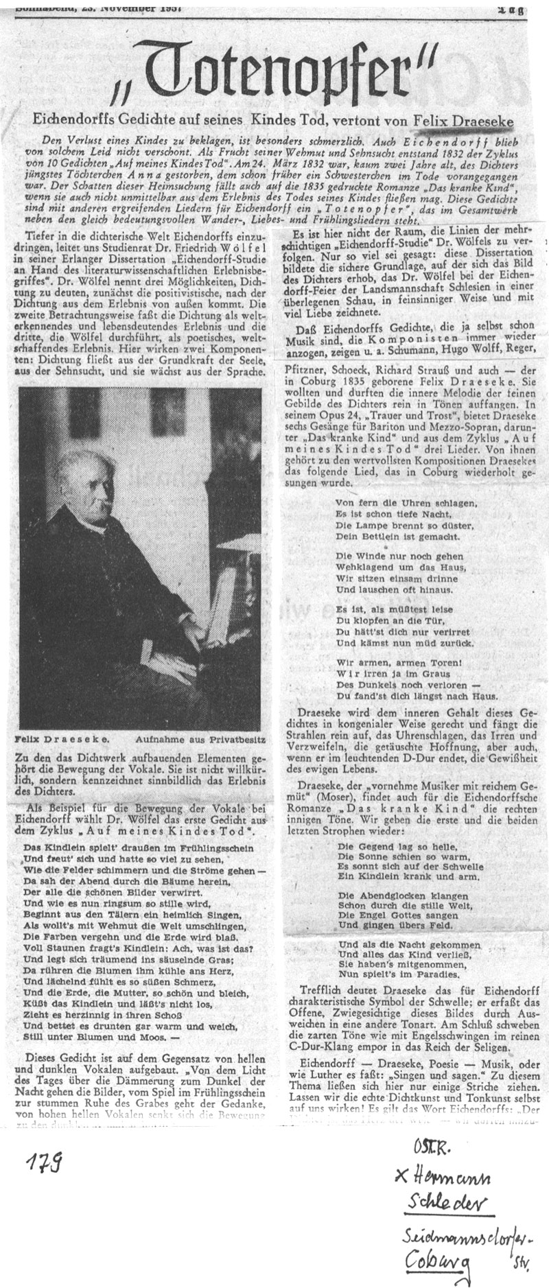 Totenopfer: Eichendorffs Gedichte auf seines Kindes Tod, vertont von Felix Draeseke (23 Nov 1957)