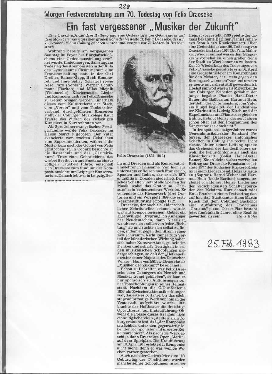 70. Todestag von Felix Draeseke: Ein fast vergessener "Musiker der Zukunft" (Hans Höfer, 25 Feb 1983) 