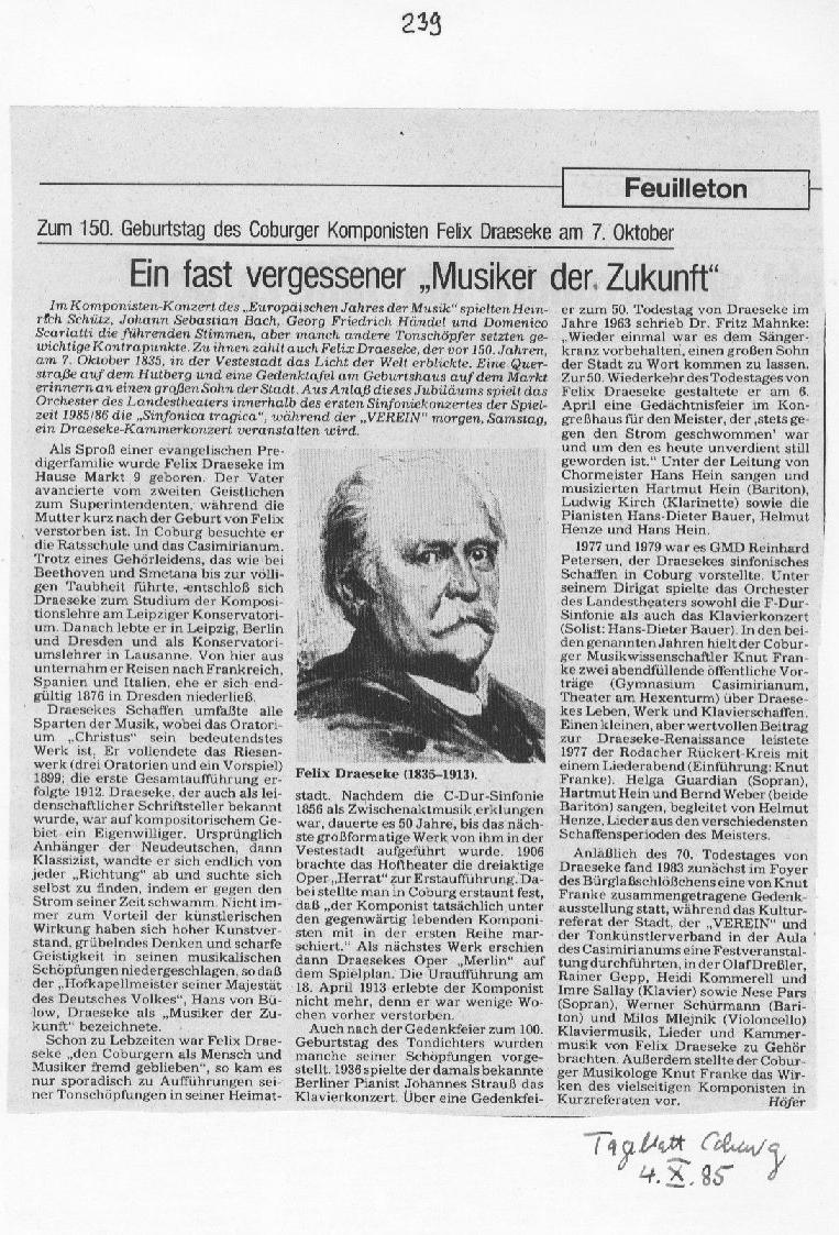 Zum 150. Geburtstag Felix Draesekes: Höfer, Franke, Ebert (Okt 1985)