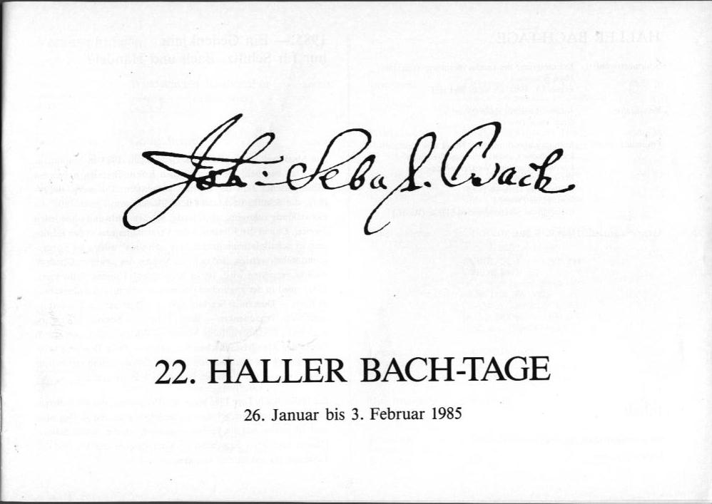 22. Haller Bach-Tage (26 Jan-3 Feb 1985): Bach, Schütz, Händel, et al.; Draeseke Serenade D-dur, op. 69, Collegium Instrumentale Koln, Udo-R Follert 