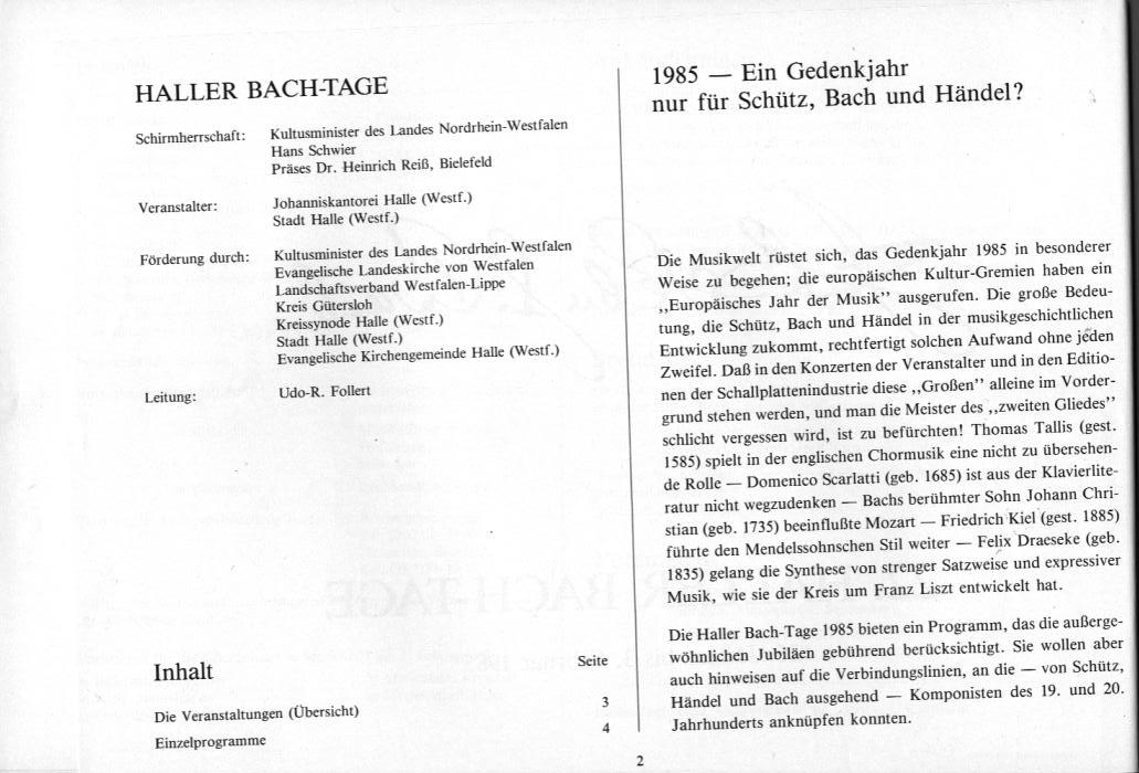 22. Haller Bach-Tage (26 Jan-3 Feb 1985): Bach, Schütz, Händel, et al.; Draeseke Serenade D-dur, op. 69, Collegium Instrumentale Koln, Udo-R Follert 