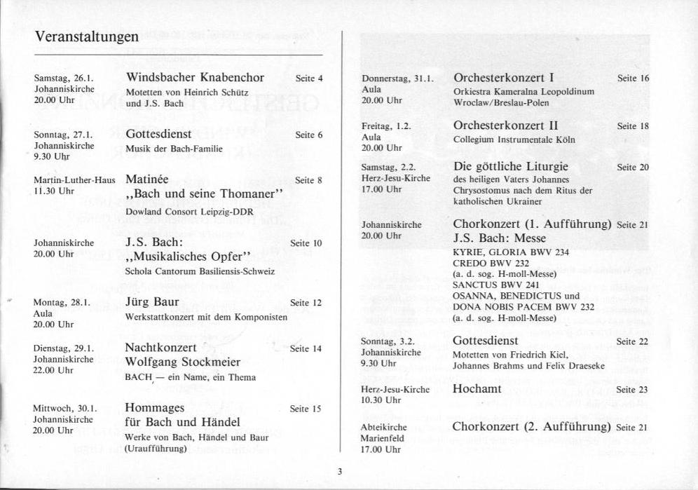 22. Haller Bach-Tage (26 Jan-3 Feb 1985): Bach, Schütz, Händel, et al.; Draeseke Serenade D-dur, op. 69, Collegium Instrumentale Koln, Udo-R Follert 