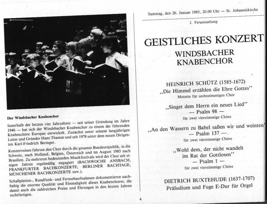 22. Haller Bach-Tage (26 Jan-3 Feb 1985): Bach, Schütz, Händel, et al.; Draeseke Serenade D-dur, op. 69, Collegium Instrumentale Koln, Udo-R Follert 