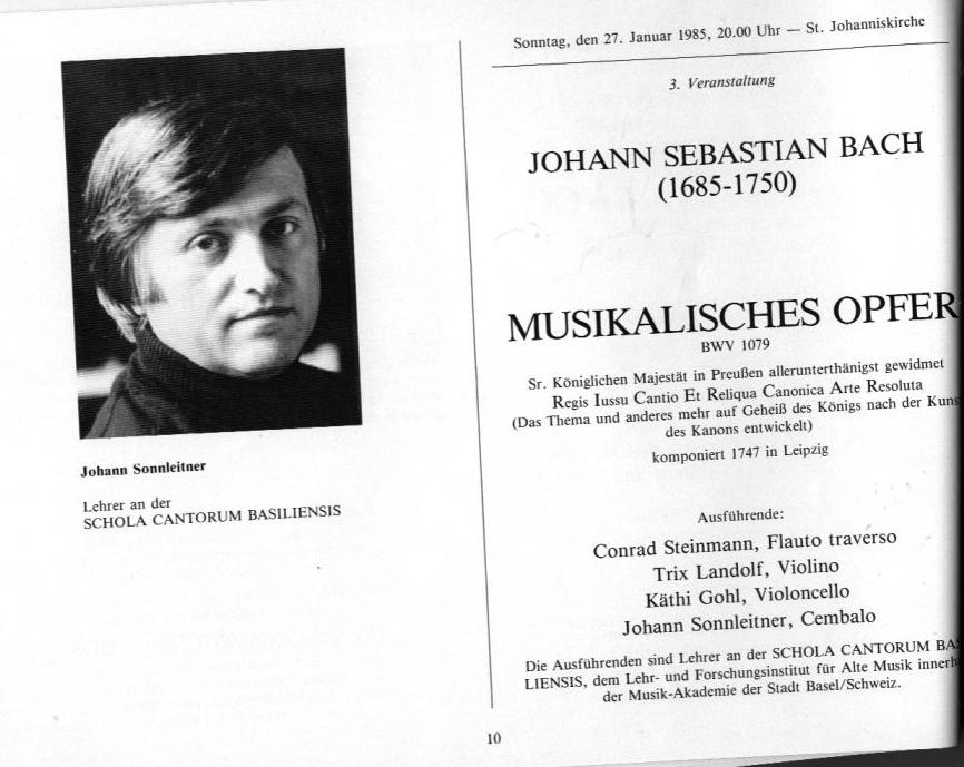 22. Haller Bach-Tage (26 Jan-3 Feb 1985): Bach, Schütz, Händel, et al.; Draeseke Serenade D-dur, op. 69, Collegium Instrumentale Koln, Udo-R Follert 