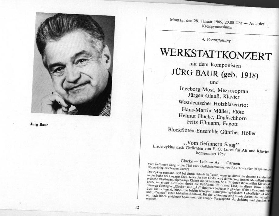 22. Haller Bach-Tage (26 Jan-3 Feb 1985): Bach, Schütz, Händel, et al.; Draeseke Serenade D-dur, op. 69, Collegium Instrumentale Koln, Udo-R Follert 