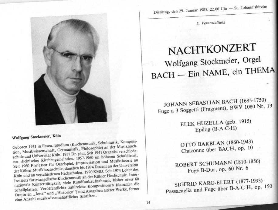 22. Haller Bach-Tage (26 Jan-3 Feb 1985): Bach, Schütz, Händel, et al.; Draeseke Serenade D-dur, op. 69, Collegium Instrumentale Koln, Udo-R Follert 