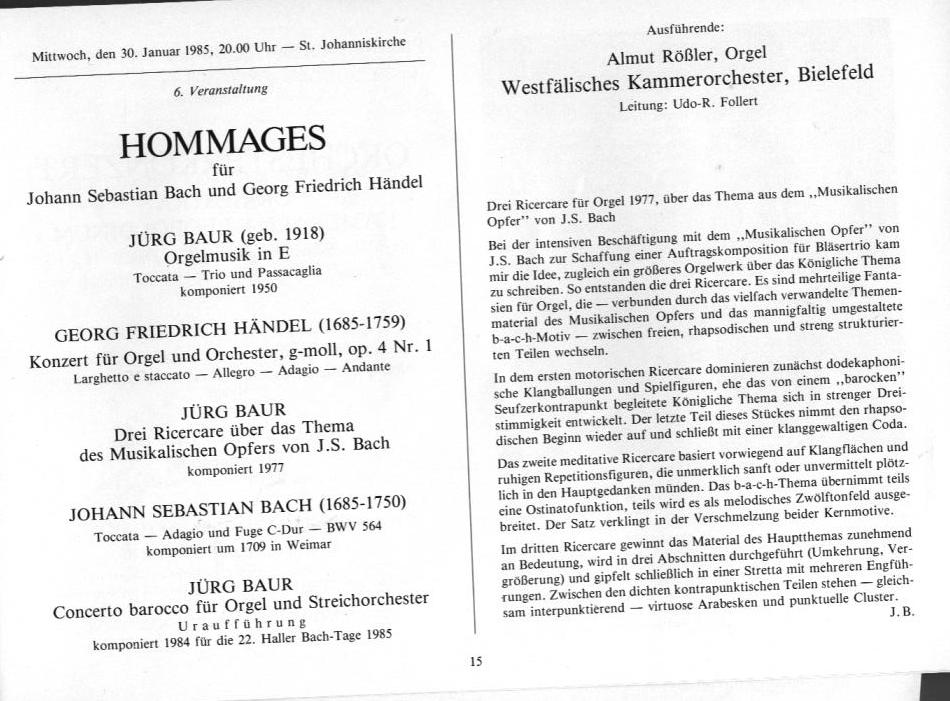 22. Haller Bach-Tage (26 Jan-3 Feb 1985): Bach, Schütz, Händel, et al.; Draeseke Serenade D-dur, op. 69, Collegium Instrumentale Koln, Udo-R Follert 