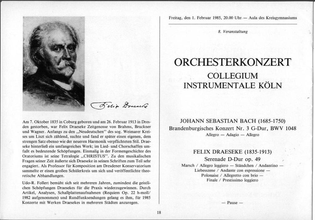 22. Haller Bach-Tage (26 Jan-3 Feb 1985): Bach, Schütz, Händel, et al.; Draeseke Serenade D-dur, op. 69, Collegium Instrumentale Koln, Udo-R Follert 