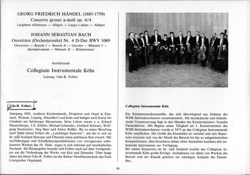 22. Haller Bach-Tage (26 Jan-3 Feb 1985): Bach, Schütz, Händel, et al.; Draeseke Serenade D-dur, op. 69, Collegium Instrumentale Koln, Udo-R Follert 