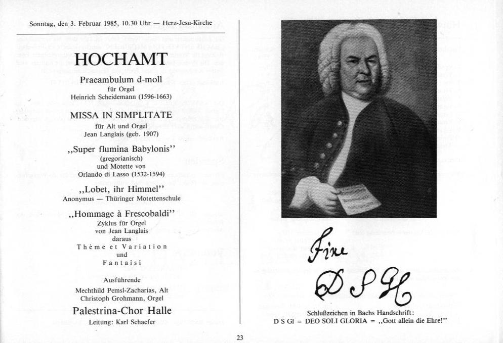 22. Haller Bach-Tage (26 Jan-3 Feb 1985): Bach, Schütz, Händel, et al.; Draeseke Serenade D-dur, op. 69, Collegium Instrumentale Koln, Udo-R Follert 