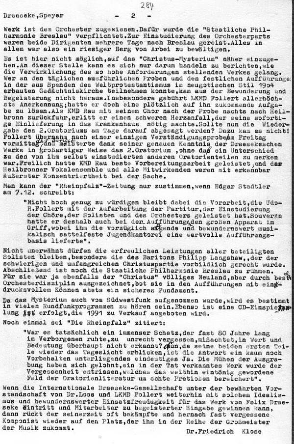 Dr. Friedrich Klose: Ein gewagtes Unternehmen und seine hervorragende Verwirklichung: Christus Mysteriums; Das Christus Mysterium von Felix Draeseke (5 - 9 Dez 1990, Gedächtniskirche Speyer, Staatlische Philharmonie Breslau, Langshaw, Vogel, Markus, et al., Hermann Rau, Udo-R. Follert)