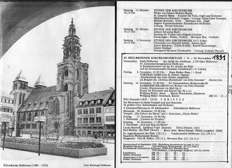 43. Heilbronner Kirchenmusiktage: Das Christus Mysterium von Felix Draeseke (20-24 Nov 1991, Heilbronn - Kilianskirche, Staatlische Philharmonie Breslau, Langshaw, Vogel, Markus, et al., Hermann Rau, Udo-R. Follert) 