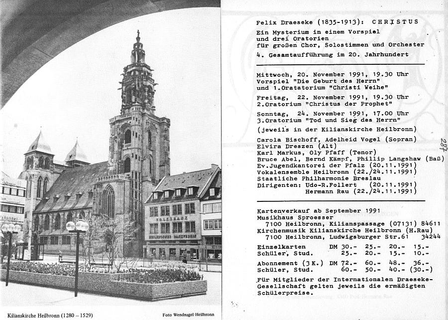 43. Heilbronner Kirchenmusiktage: Das Christus Mysterium von Felix Draeseke (20-24 Nov 1991, Heilbronn - Kilianskirche, Staatlische Philharmonie Breslau, Langshaw, Vogel, Markus, et al., Hermann Rau, Udo-R. Follert) 