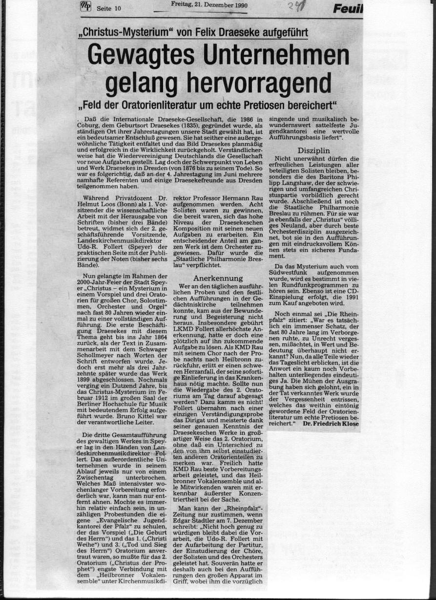 Friedrich Klose: "Christus Mysterium" von Felix Draeseke aufgeführt - Gewagtes Unternehmen gelang hervorragend (Neue Presse Coburg, 21 Dez 1990) 