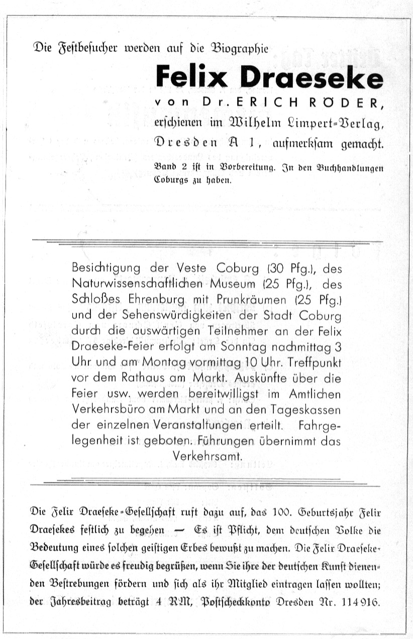 Festfolge zur Felix Draeseke-Feier der Stadt Coburg (5-7 Okt 1935)