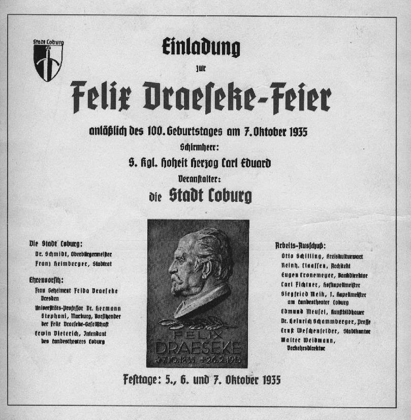 Einladung zur Felix Draeseke-Feier der Stadt Coburg (5-7 Oktober 1935)