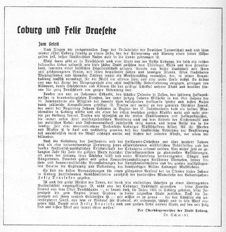 Einladung zur Felix Draeseke-Feier der Stadt Coburg (5-7 Oktober 1935)