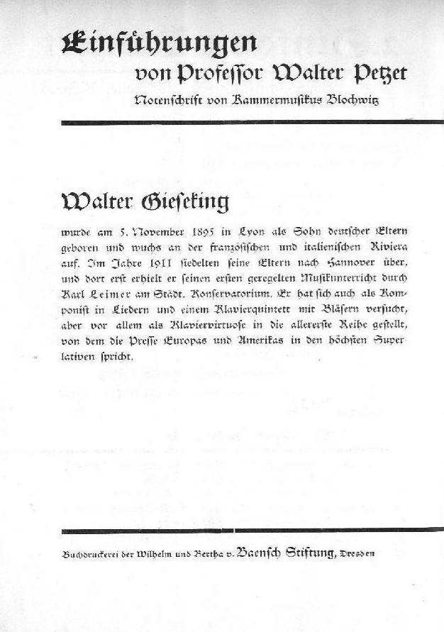 Programm: Draeseke - Symphonia Tragica; Schumann - Klavierkonzert; Draeseke - Jubel-overtüre Sächsische Staatskapelle Dresden, Karl Böhm, Walter Gieseking (Sächsische Staatstheater Dresden, 22 Nov 1935)