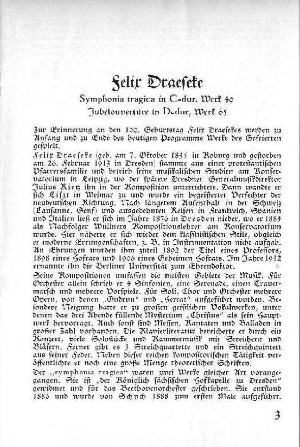 Programm: Draeseke - Symphonia Tragica; Schumann - Klavierkonzert; Draeseke - Jubel-overtüre Sächsische Staatskapelle Dresden, Karl Böhm, Walter Gieseking (Sächsische Staatstheater Dresden, 22 Nov 1935)