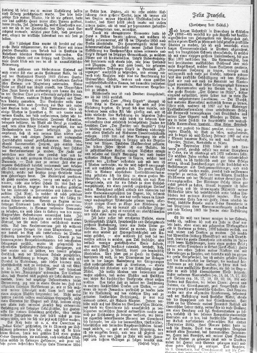 Felix Draeseke: Autobiographische Skizze Neu Musik Zeitung 1886 