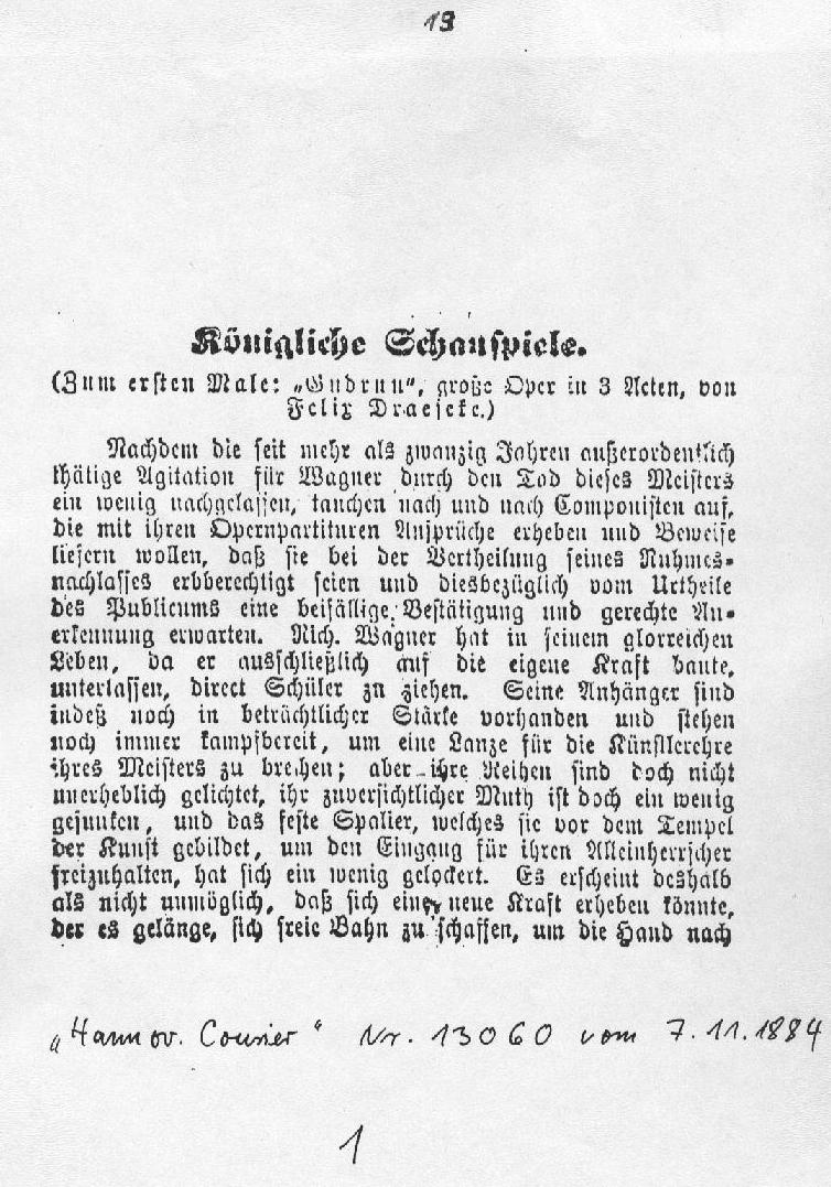 Über die Oper "Gudrun" Hannoverscher Courier (7 Nov 1884) 