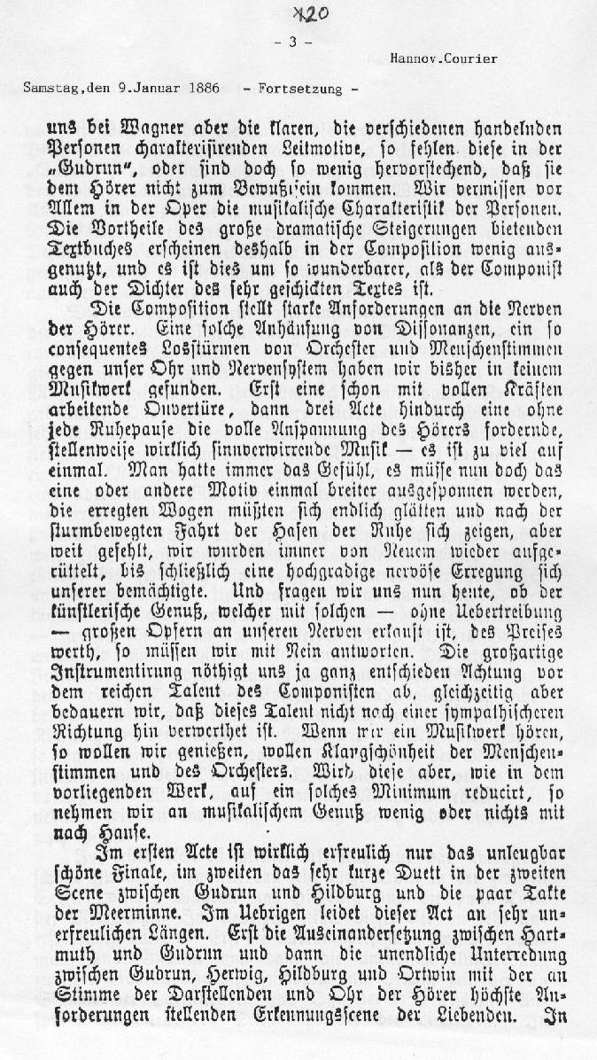 Über die Oper "Gudrun" Hannoverscher Courier (9 Jan 1886) 