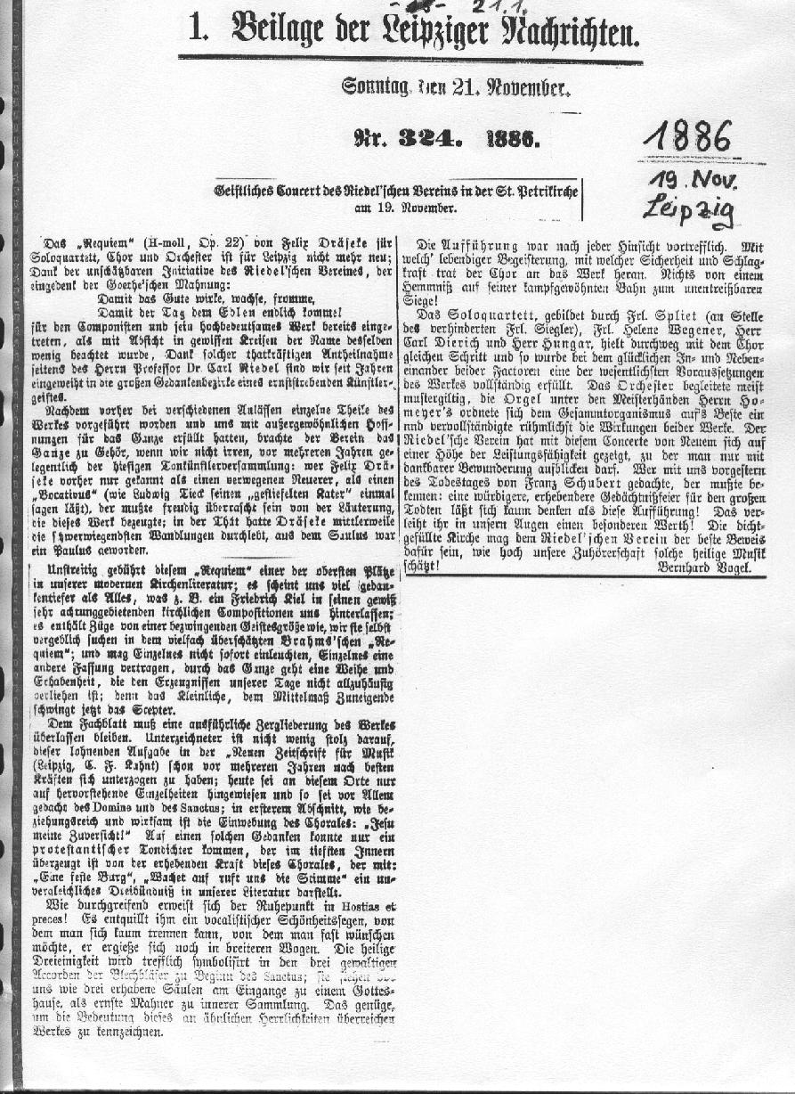 Draesekes Requiem in h-moll, op.22 (Leipziger Nachrichten 1886; Leipziger Tageblatt 1886)