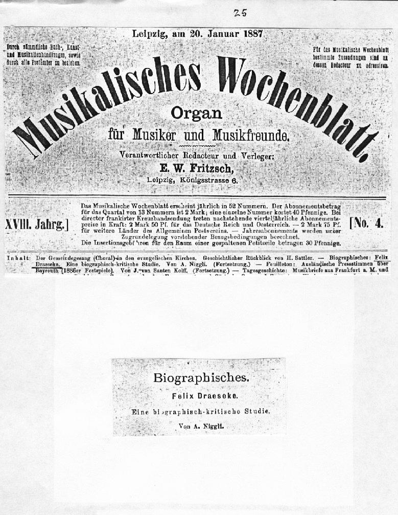 A. Niggli: Eine biographisch-kritische Studie über Felix Draeseke (Musikalisches Wochenblatt, Leipzig XVIII, nr 2-13; Januar-März 1887)