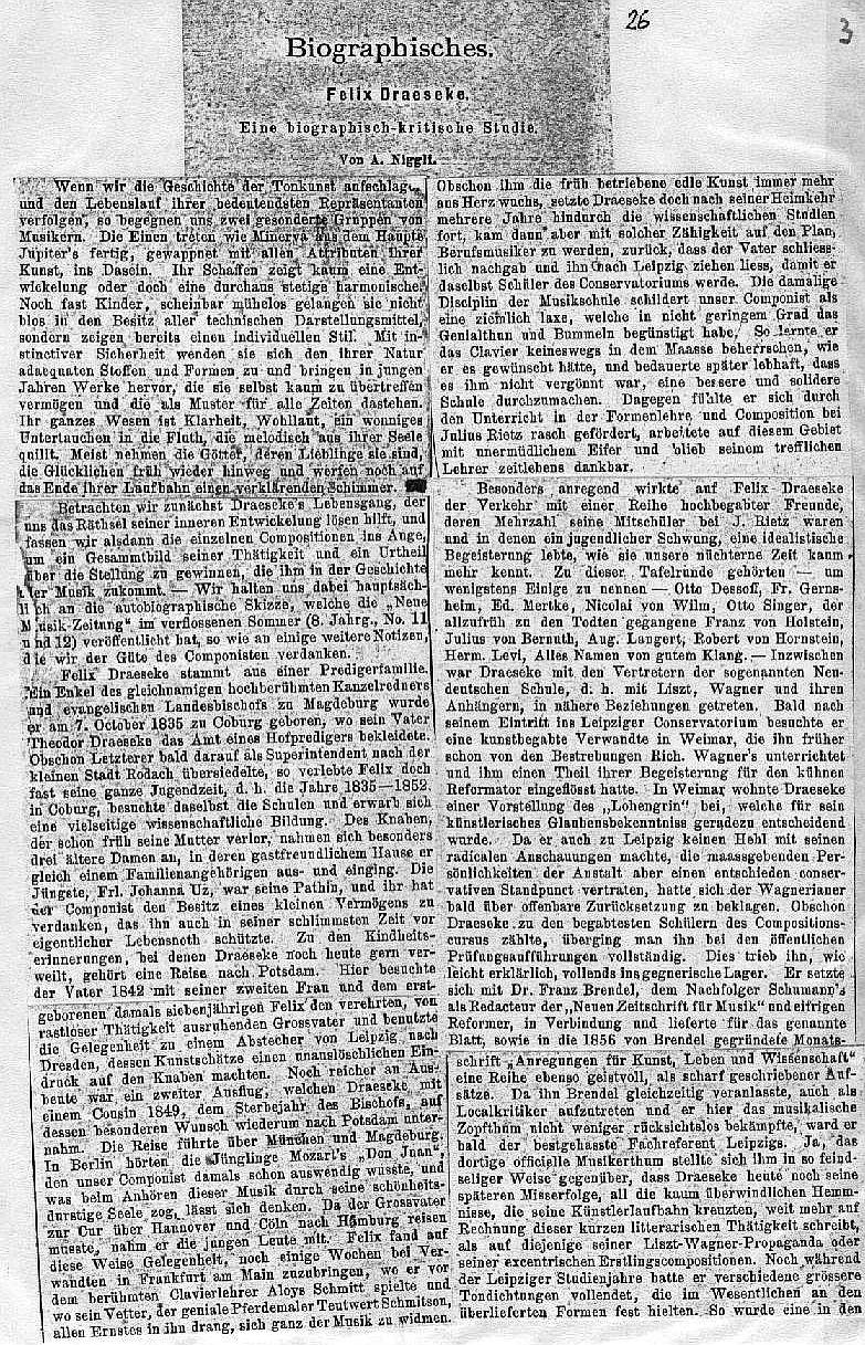 A. Niggli: Eine biographisch-kritische Studie über Felix Draeseke (Musikalisches Wochenblatt, Leipzig XVIII, nr 2-13; Januar-März 1887)