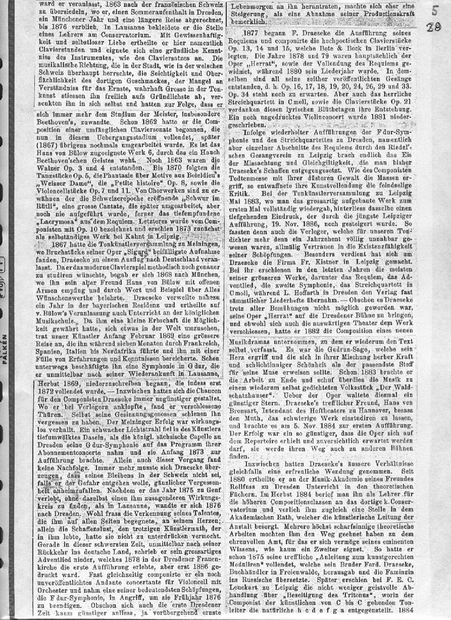 A. Niggli: Eine biographisch-kritische Studie über Felix Draeseke (Musikalisches Wochenblatt, Leipzig XVIII, nr 2-13; Januar-März 1887)