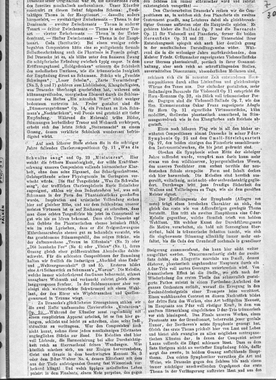 A. Niggli: Eine biographisch-kritische Studie über Felix Draeseke (Musikalisches Wochenblatt, Leipzig XVIII, nr 2-13; Januar-März 1887)