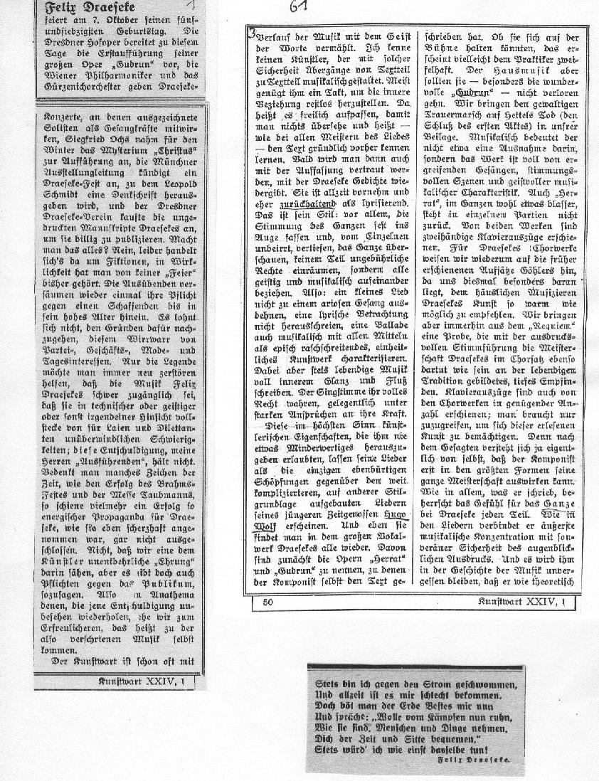 Franz Gürtler: Felix Draeseke zum 75. Geburtstag, Kunstwart V.24 (1 Okt 1910)