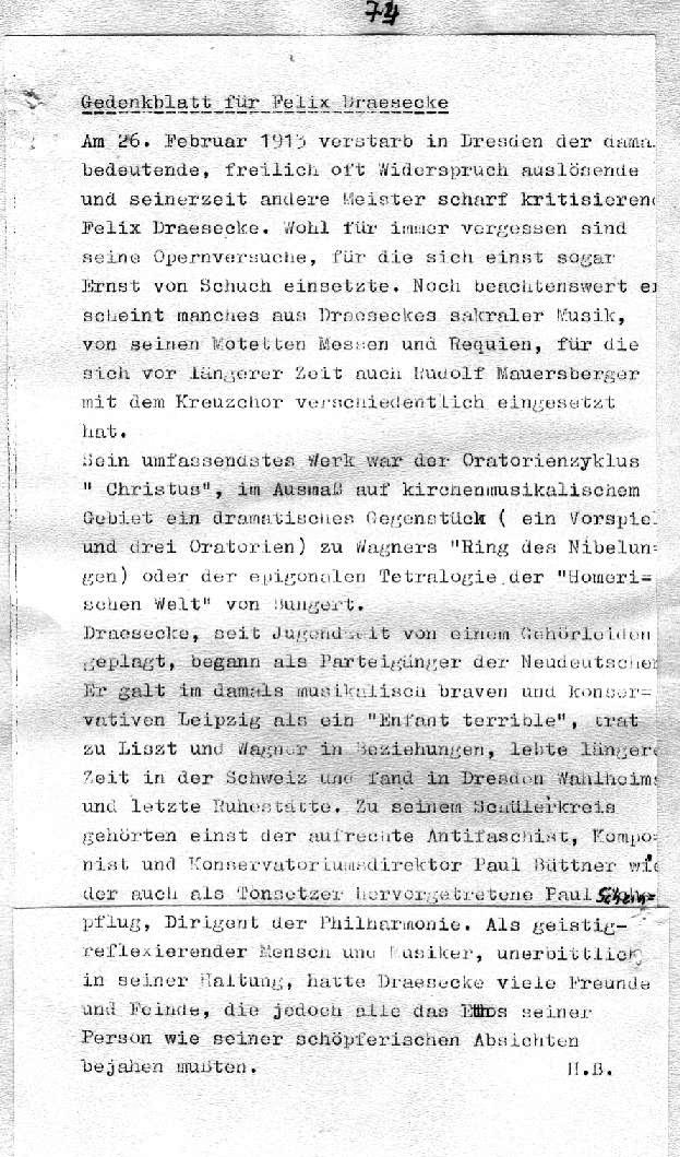 Gedenkblatt für Felix Draesecke (H.B., 1913) 