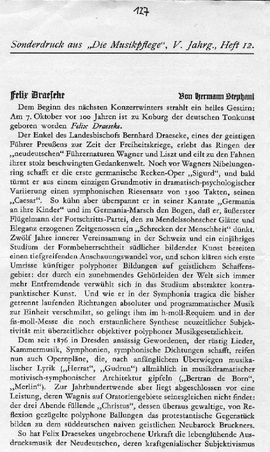 Hermann Stephani: Felix Draeseke. Sonderdruck aus "Die Musikpflege" 5.Jahrg., Heft 12 (1935) - Click for full text