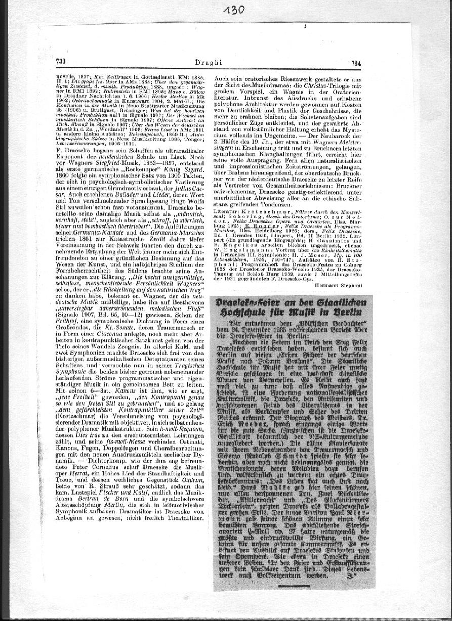 Hermann Stephani: Felix Draeseke aus "Die Musik in Geschichte und Gegenwart" (Friedrich Blum, Herausg.)