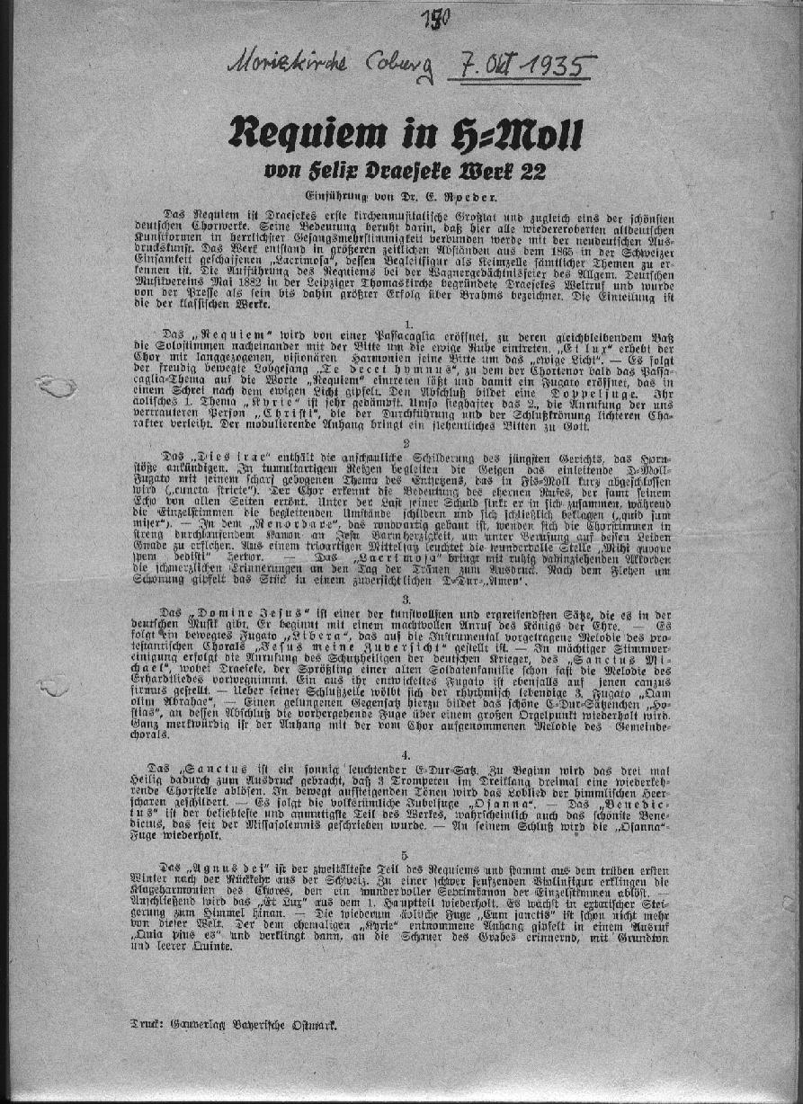 Draeseke: Requiem in b-minor, op 22. Felix Draeseke-Feier Coburg 7 Okt 1935 