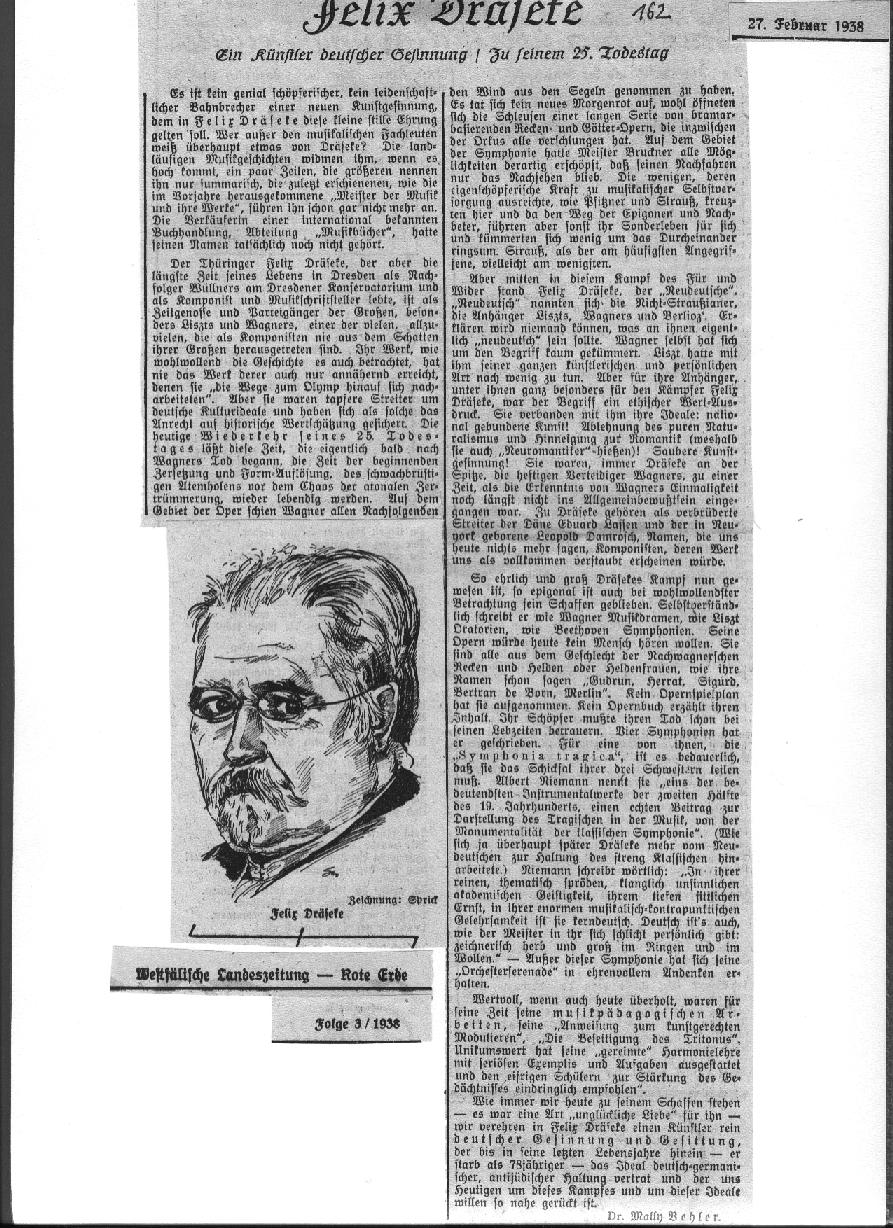 Dr. Wally Behler: Felix Draeseke - Ein Künstler deutscher Gesinnung. Zu seinem 25. Totestag (Westfälische Landeszeitung 27 Feb 1938)