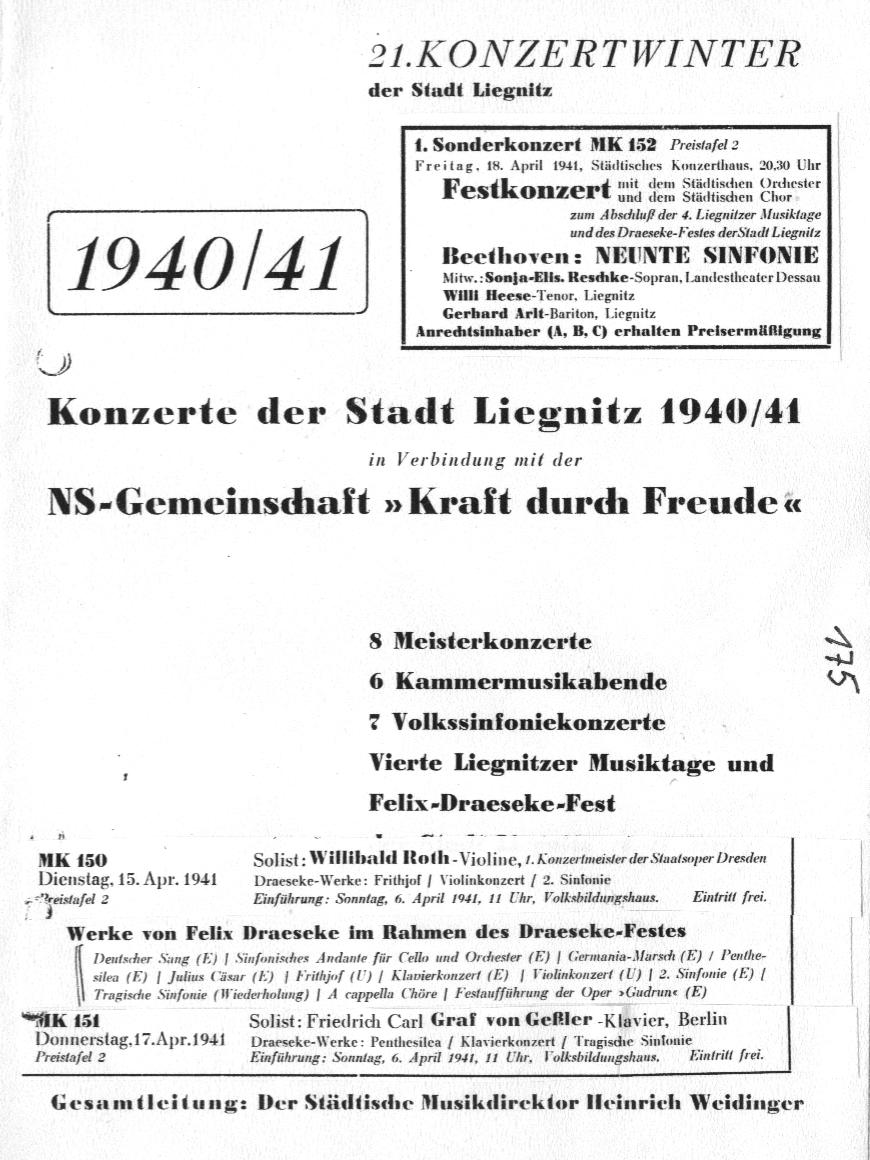 Felix Draeseke - Feier in Liegnitz 1940/41; Draesekes Zeit ist gekommen - Konzerte in Liegnitz 