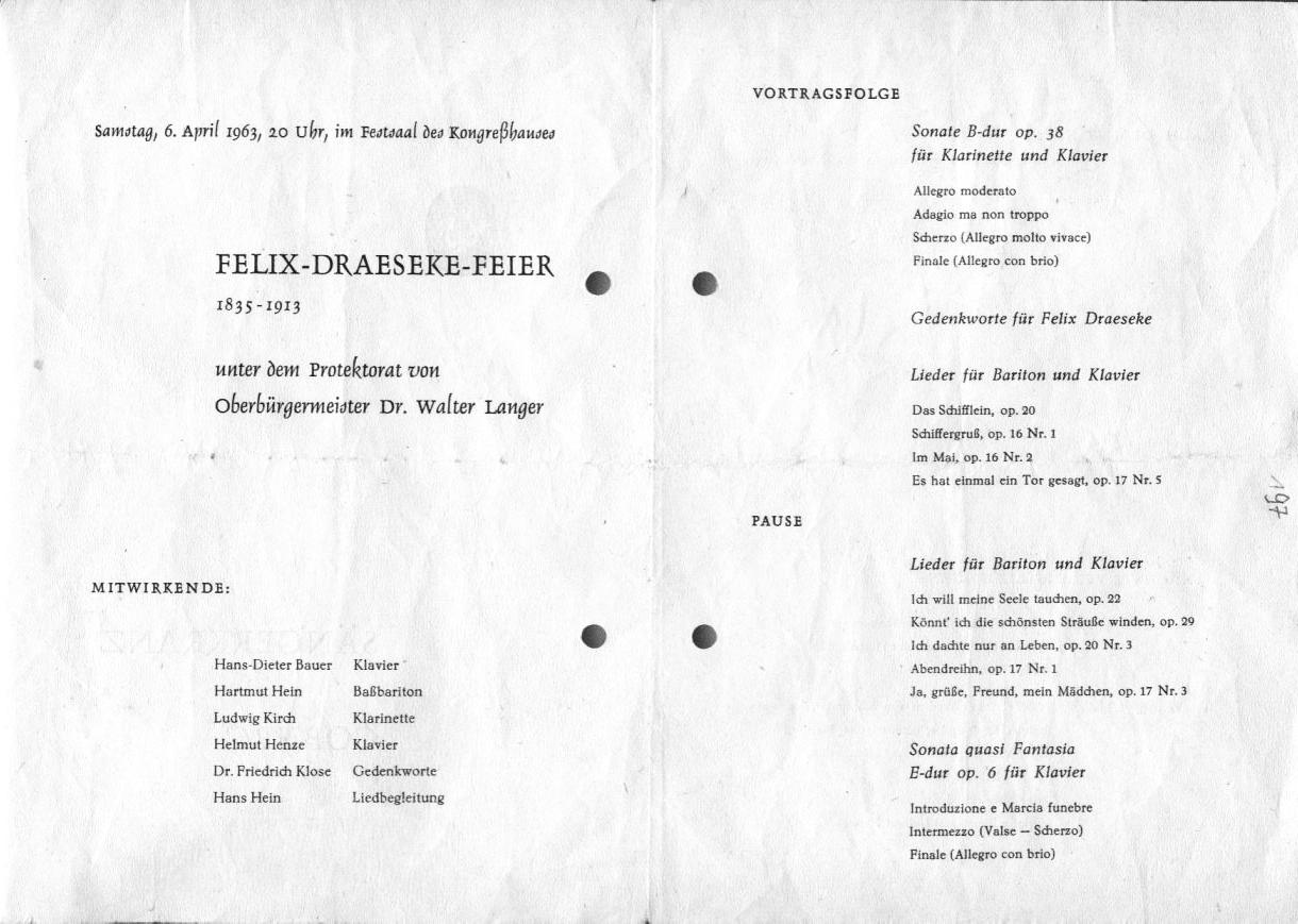 Konzertprogramm: Felix-Draeseke-Feier 1963 im Festsaal des Kongreßhauses Coburg (6 Apr 1963) 